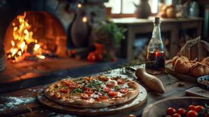 Artisanal pizza in rustic kitchen firewood glow