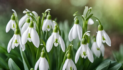 A bunch of snowdrops are in a garden with green leaves.
