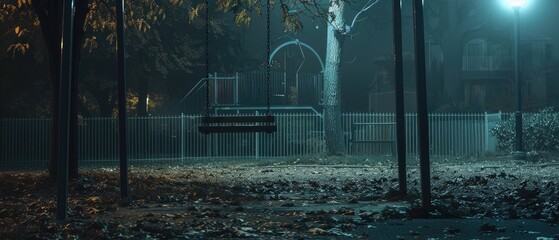 A chilling scene of an abandoned playground at night with a solitary swing moving by itself - obrazy, fototapety, plakaty