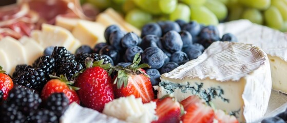 A close-up of artisanal cheese and fruit platter with a focus on texture and color contrasts