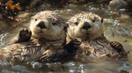 Two sea otters swim together in the water, their whiskers and snouts visible