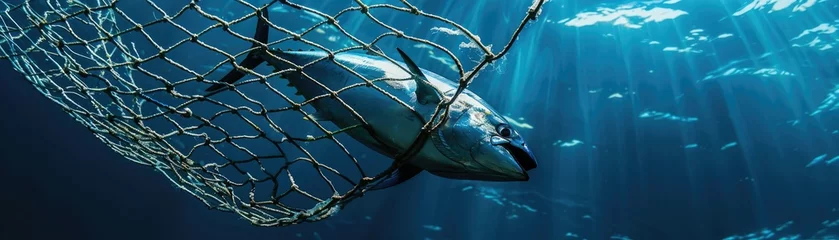 Foto op Plexiglas A poignant image of an empty fishing net with a single tuna escaping symbolizing the importance of conservation efforts © AI Farm