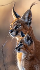 Obraz premium Male caracal and kitten portrait with text space, object on side, ideal for captions