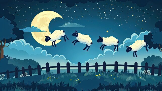 A whimsical depiction of counting sheep jumping over a fence with a night sky background