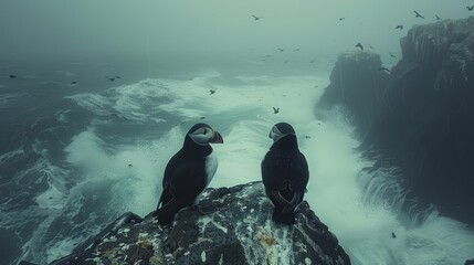 Two puffins perched on a rock by the ocean, enjoying the marine landscape - Powered by Adobe