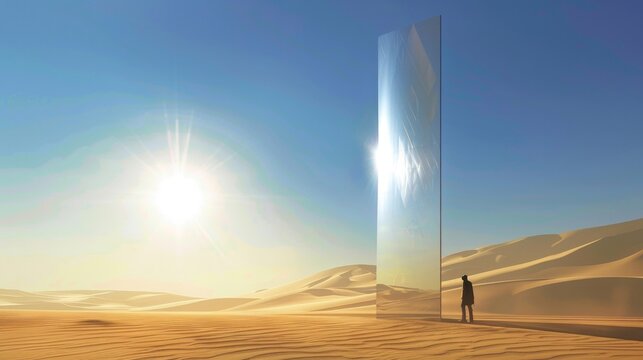 In the scorching heat of the desert a man stands next to a solar power tower its reflective surface capturing the intense sunlight. . .
