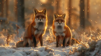 Two carnivorous red foxes with whiskers sitting in snowy forest - obrazy, fototapety, plakaty
