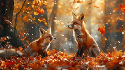 Wandaufkleber Two foxes amid autumn leaves in woodland, a picturesque scene © yuchen