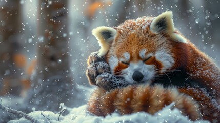 A carnivore red panda with whiskers sleeps peacefully in the snowy landscape