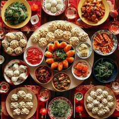 Fototapeta na wymiar Dumplings feast family-style table