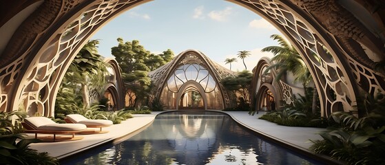 an AI image that envisions two gracefully curved arches made from organic materials, 