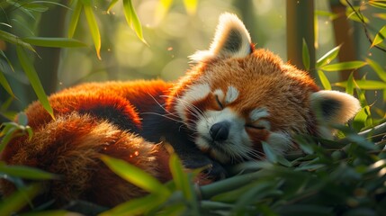 Red panda, carnivore, with fur, laying in grass in bamboo forest