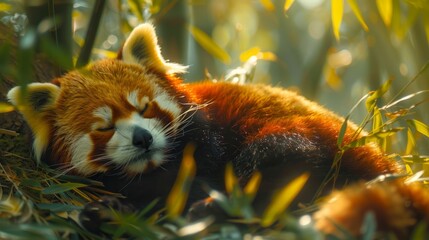 Naklejka premium a red panda is sleeping in the grass