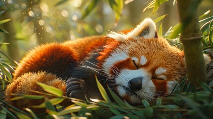 Red panda naps in bamboo leaves, a carnivorous terrestrial animal