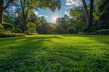A vivid image capturing the sun's rays filtering through towering trees in a serene, well-manicured park, highlighting nature's calm