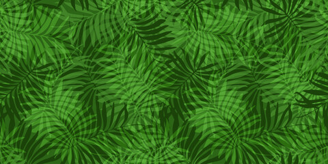 Bright dark and light green tropical seamless pattern with overlap mess of ink hand drawn fern leaves. Exotic plants print for textile, wrapping paper, surface, wallpaper, background