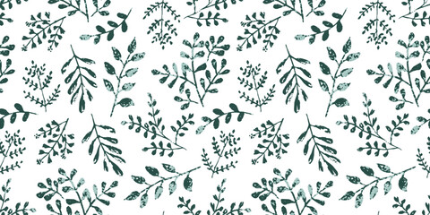 Artistic seamless pattern with pale green monochrome textured fern leaves and eucalyptus branches. Hand drawn print of tropical and daisy herbs for botany textile design, spring wallpaper, surface