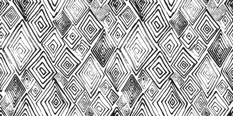 Artistic textured vector black and white ink hand drawn rhombus seamless pattern. Grunge geometric print with unique rhomb shapes for textile design, wrapping paper, surface, wallpaper