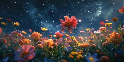 Floral Cosmos: A Stunning Surreal Blend of Blooms and Stars in the Dark Expanse - Hyper-Realistic Fine Art Photography