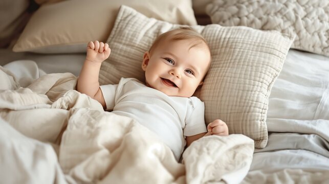 Bundle of Joy Smiling Baby in Blank White Bodysuit Lying on Beige Bedding, Top View