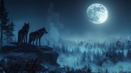 Two wolves howl under the full moon in a midnight sky