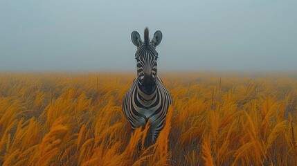Fototapeta premium Africa Fog Morning. Adult Zebra Standing In Forest. Zebra With Yellow Golden Grass - Generative AI