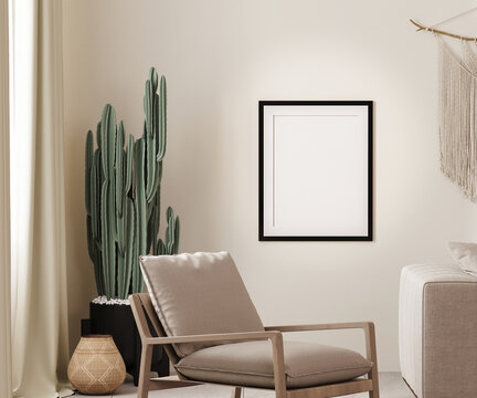 Mock up poster frame with mat in boho interior background with beige wall, armchair and cactus, 3D render illustration