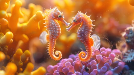 Two seahorses perched on orange coral reef in underwater marine environment