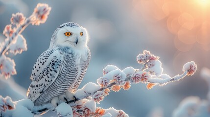 Snowy owl perched on snowy branch in sky, with sharp beak and feathers - obrazy, fototapety, plakaty