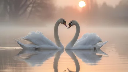Foto auf Acrylglas Two swans creating a heart shape with their necks on the lake © yuchen