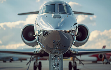 Close-up of a silver private jet parked on a paved airport runway.