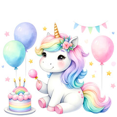 A colorful collection of illustrated rainbow unicorns in various poses with party accessories, perfect for birthday themes and children's decor.
, Whimsical Rainbow Unicorn Clipart Collection
