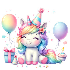 A colorful collection of illustrated rainbow unicorns in various poses with party accessories, perfect for birthday themes and children's decor.
, Whimsical Rainbow Unicorn Clipart Collection
