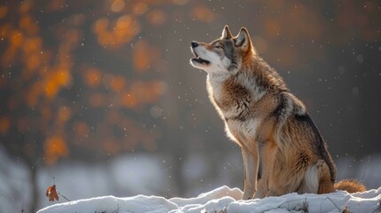 a wolf is sitting in the snow looking up at the sky