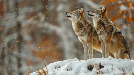 Two carnivores, likely members of the Canis genus, stand atop a snowy hill