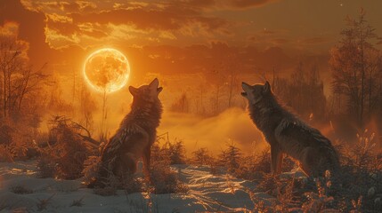 Two wolves howl under full moon in a natural landscape