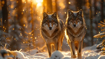 Two wolves and a felidae stand next to each other in snowy woods