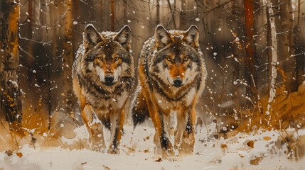 Two wolves roam snowy woods, resembling Felidae in painting