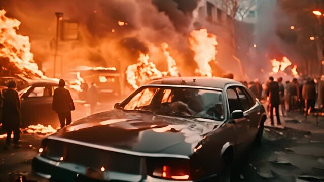 Rioting Group of People with Fires and Car Generative AI