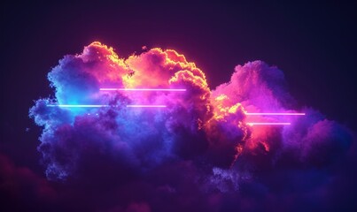 3d render, abstract cloud illuminated with neon light on dark night sky. Glowing geometric lines, Generative AI 