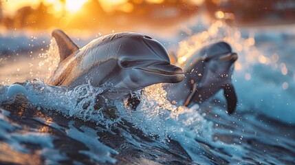 Two marine mammals leaping from the liquid at sunset