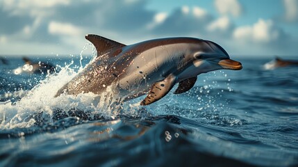 A marine mammal leaps gracefully in the fluid oceanic landscape