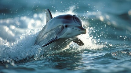 A marine mammal, the dolphin jumps from liquid nature