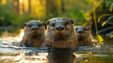 Three otters swimming in a pond, gazing at the camera