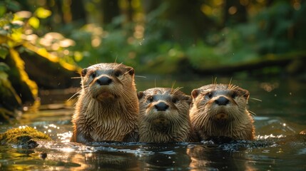 Three North American river otters swimming in the river