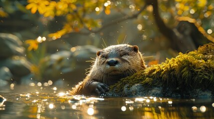 An otter rests on a mosscovered rock in the tranquil water