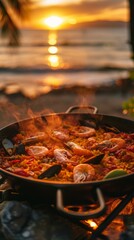 Paella pan on rustic wood seaside background
