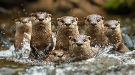 A group of otters swim in the river, near the grassy banks