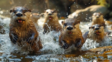 A group of otters with fur are frolicking in the water