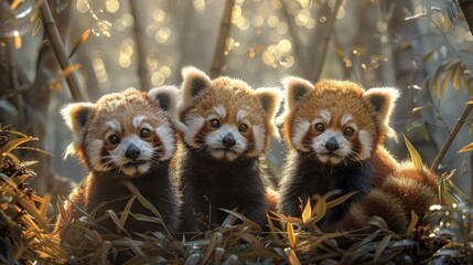 Three red panda cubs with fur sitting together in wooded area